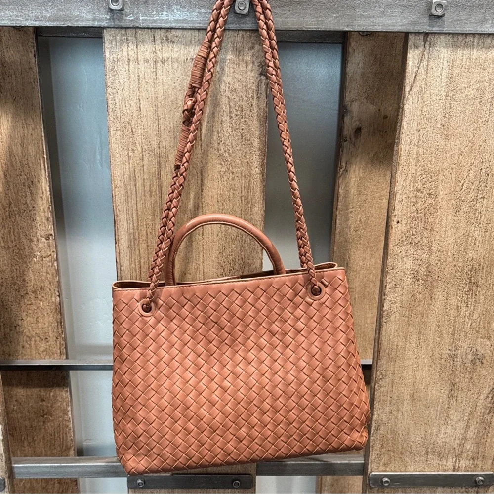 Quince Italian Leather Tan Woven Tote Bag - Picture 1 of 9
